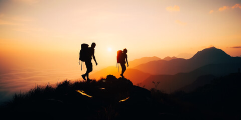 People helping each other hike up a mountain at sunrise - obrazy, fototapety, plakaty