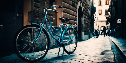Fototapeta na wymiar Retro blue bike on old town street