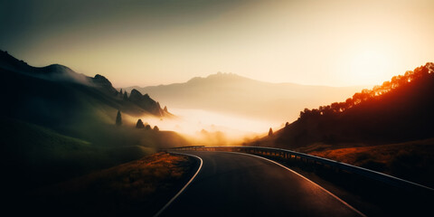 Road in the mountains at foggy sunrise