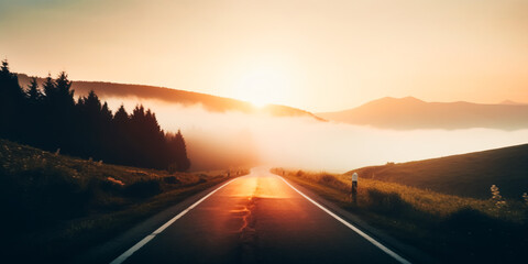 Road in the mountains at foggy sunrise. 