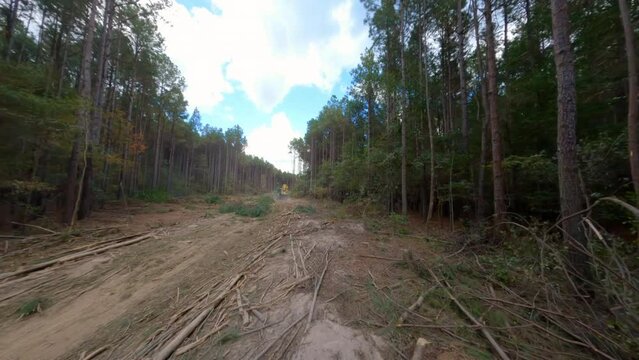 Aerial: Drone Forward Shot Of Heavy Vehicle Pulling Tall Trees In Forest Against Cloudy Sky - Tuscaloosa, Alabama