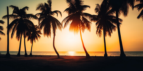 Silhouette coconut palm trees on beach at sunset
