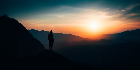 Silhouette of man standing on the mountain 