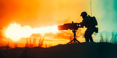 Obraz premium Soldier firing anti tank missile at war