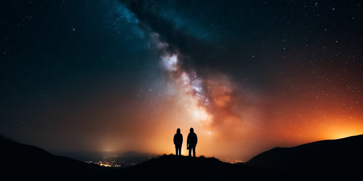 Silhouettes of two people standing together holding hands against the Milky Way