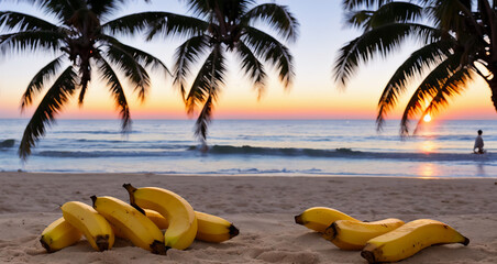 A few large ripe bananas are lying on the sand on the beach .Generative AI