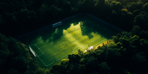 Obraz premium Top view of a soccer field in the forest
