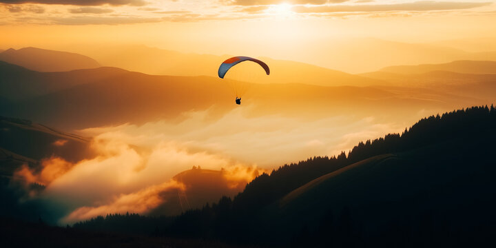 The silhouette of a paraglider flying over beautiful mountains. The scene in the morning