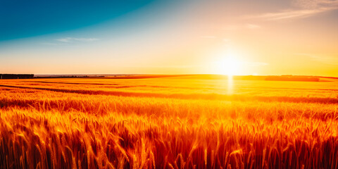 Fototapeta na wymiar Yellow ears of ripe wheat in a field in summer under a blue sky
