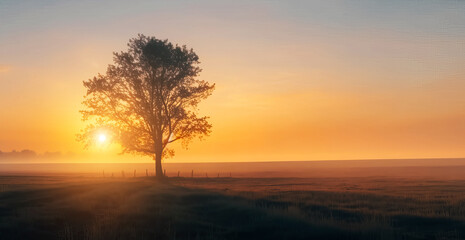 Naklejka na ściany i meble A beautiful landscape at dawn, a lonely tree in a field