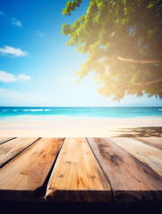 Empty Wooden table for you product space, stock promotion photography ,background  tropical beach . ai generative