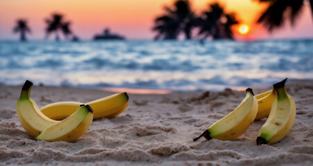 Fototapeta na wymiar A few large ripe bananas are lying on the sand on the beach .Generative AI