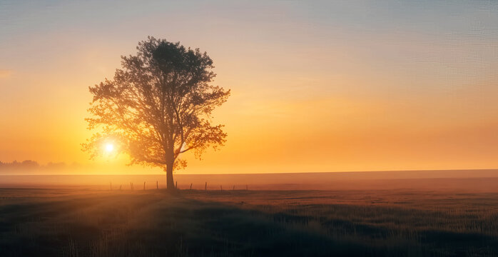 A beautiful landscape at dawn, a lonely tree in a field © v.senkiv