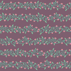 Vector green branches with leaves and flowers repeating pattern background.