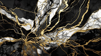 abstract background, black and white marble with golden veins. Generative Ai