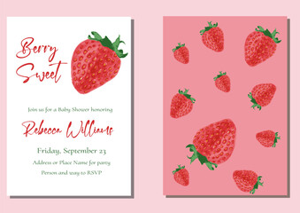 Berry Sweet Themed Strawberry Baby Shower Invitation. This fruit berry invite good also for a birthday party. It can be used for thank you cards, banner, posters, welcome sign and more - obrazy, fototapety, plakaty