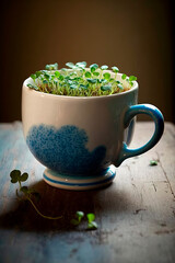 A cup filled with green sprouts. Microgreen. Generative AI