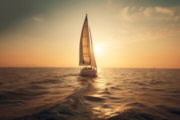 Fototapeta na wymiar a sailboat is sailing in the ocean at sunset or dawn. generative ai