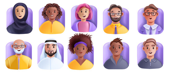 3D profile people avatar icon, men woman happy face set young male female vector cartoon character. Office diverse colleague team smiling freelance workers portrait. 3D people cheerful expression head