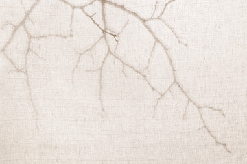 Abstract neutral background. Silhouettes of branches without leaves behind a light cotton beige fabric. Shadows of branches on a beige background with copy space. Shadows for natural lighting effects.