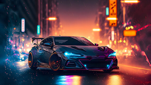 expensive overhauled sports car on night city street, neural network generated art. Digitally generated image. Not based on any actual, scene or pattern.