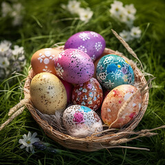 Closeup of colorful Easter eggs placed in a wicker basket, speckled with glitter and shimmering paint, surrounded by fresh green grass and delicate flowers