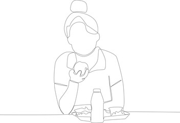 A girl enjoying her lunch. Lunch at school one line drawing