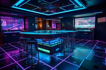 A futuristic bar with a glowing dance floor and neon drink menu. Generative AI