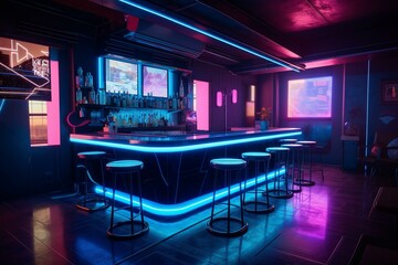 A futuristic bar with a glowing dance floor and neon drink menu. Generative AI