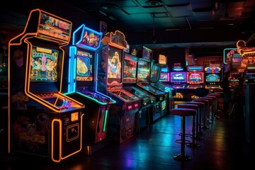 An arcade with neon-lit games and glowing prizes. Generative AI