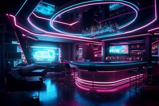 A futuristic bar with a glowing dance floor and neon drink menu. Generative AI