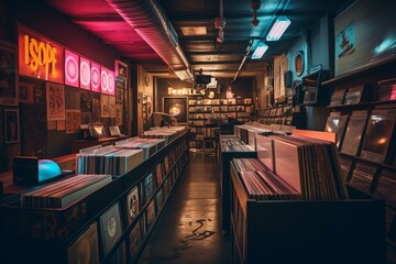 A vintage record store with a neon sign and stacks of vinyl records Generative AI - obrazy, fototapety, plakaty