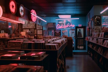 A vintage record store with a neon sign and stacks of vinyl records Generative AI