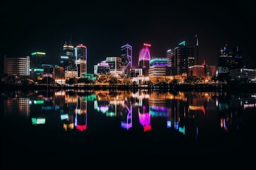 A city skyline at night with neon lights and reflections in the water Generative AI