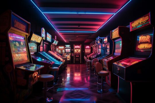 A retro arcade with neon lights and classic games Generative AI