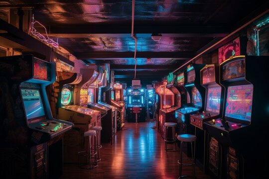 A retro arcade with neon lights and classic games Generative AI