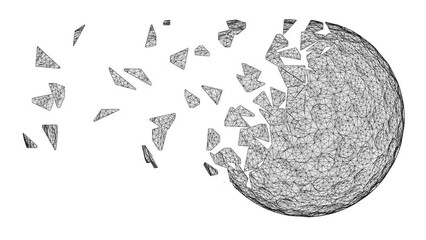 Crumbling three-dimensional golfball isolated on white background. 3D illustration.