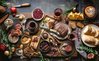 A delicious holiday themed dinner table with a place setting. A real princely table setting. AI generated illustration.