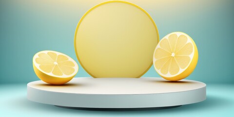 Empty podium, mock up placement display, blank beauty stand for cosmetic product ads with lemons on minimal color background. Luxury pedestal stage mockup scene platform ai generative concept.