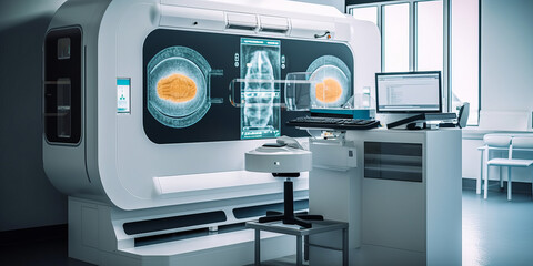 MRI equipment is in a room with contemporary, functional medical screening technologies. - Generative AI