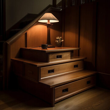 furniture design: step tansu and lamp (generative ai content)