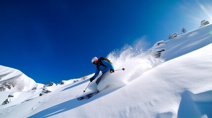 Skier skiing downhill in high mountains against blue sky. Generative AI illustration