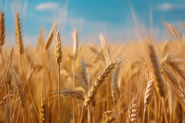 Fototapeta premium Beautiful summer field of ripe wheats on sunny day. Selective focus. Generative ai