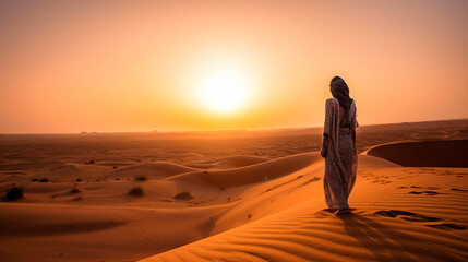 Fototapeta na wymiar young woman from behind walking in sand dunes. Generative ai