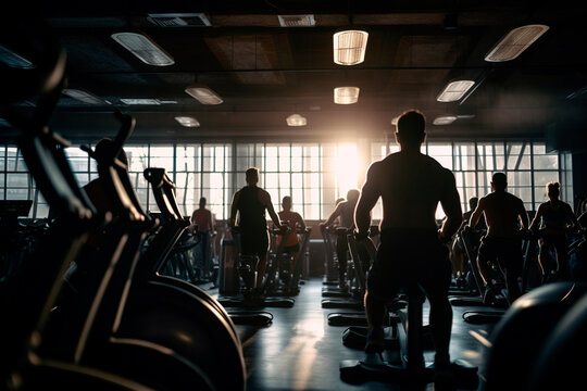 working out hard on cycling machines, training on exercise bikes together at gym. Generative ai