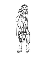 Happy woman with a cup of coffee. Line illustration, sketch. Isolated on white background.