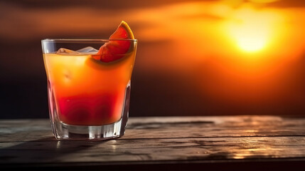 Close-up of tequila sunrise cocktail with a sunset in the background. Generative ai and digital editing. - obrazy, fototapety, plakaty