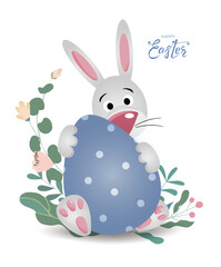 Obraz na płótnie Canvas Happy Easter bunny banner with rabbit, egg and hand drawn lettering text. Cute hare in flowers and leaves on white background. For greeting cards, banners, invitation. Vector illustration.