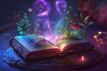Open magical book with glowing lights over pages on abstract background. Fantasy reading. Created with Generative AI - obrazy, fototapety, plakaty
