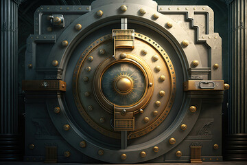 Decorated bank safe door. Bank vault for saving money and precious metals. Created with Generative AI